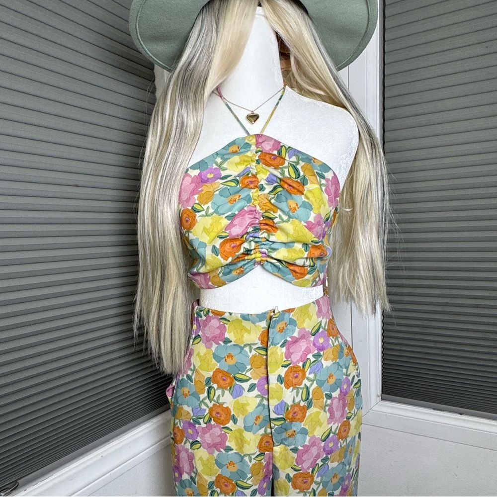 ZARA Floral Y2K Two-Piece Set | Boho Crop Top & Tailored Wide-Leg Pants